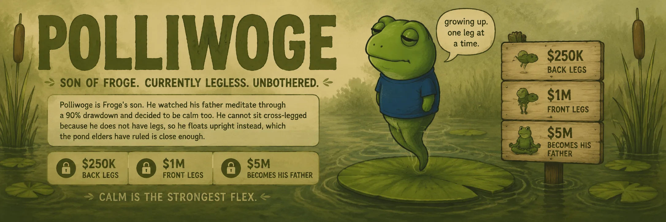 Polliwoge banner: the tadpole floats upright on a lily pad beside wooden milestone signs