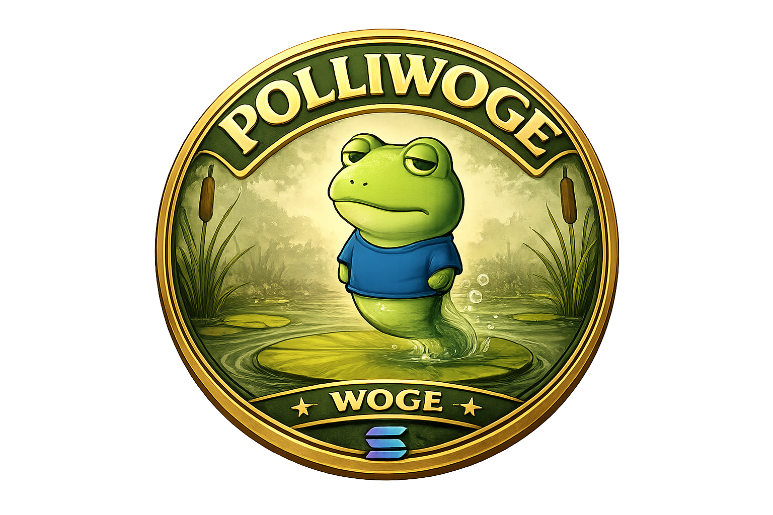 Polliwoge, a small serene tadpole in a tiny blue t-shirt, floating upright beside a lily pad on a gold pond coin